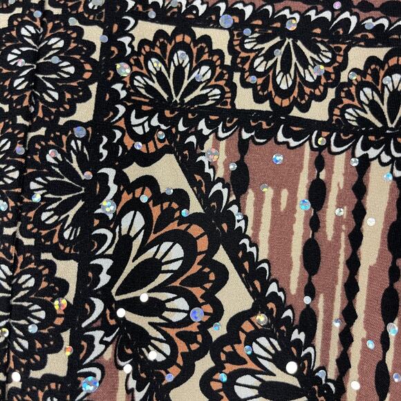 Bob Mackie Jersey Top Womens XL Brown Printed Sequins Button Front Stretch Artsy - Picture 14 of 16